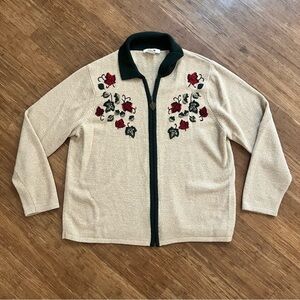 Vintage Alia Floral Embroidered Cardigan with Green Collar, Sz L